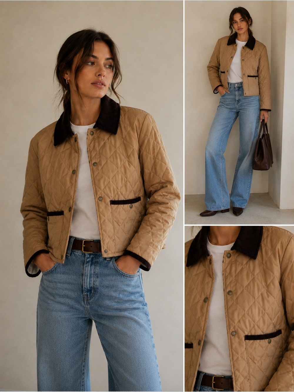 Rebecca Minkoff Khaki Quilted Puffer Jacket with Dark Brown Corduroy Collar